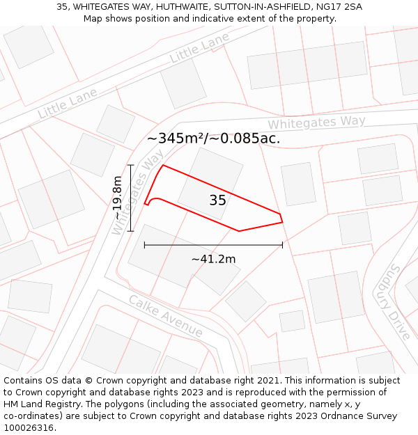 35, WHITEGATES WAY, HUTHWAITE, SUTTON-IN-ASHFIELD, NG17 2SA: Plot and title map