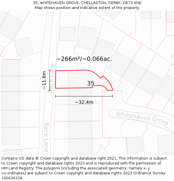 35, WHITEHAVEN GROVE, CHELLASTON, DERBY, DE73 6NE: Plot and title map