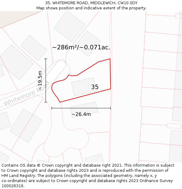 35, WHITEMORE ROAD, MIDDLEWICH, CW10 0DY: Plot and title map