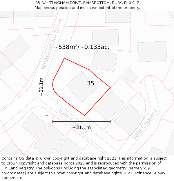 35, WHITTINGHAM DRIVE, RAMSBOTTOM, BURY, BL0 9LZ: Plot and title map
