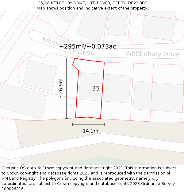35, WHITTLEBURY DRIVE, LITTLEOVER, DERBY, DE23 3BF: Plot and title map