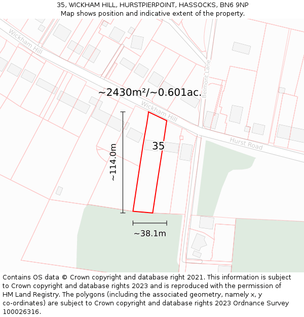 35, WICKHAM HILL, HURSTPIERPOINT, HASSOCKS, BN6 9NP: Plot and title map