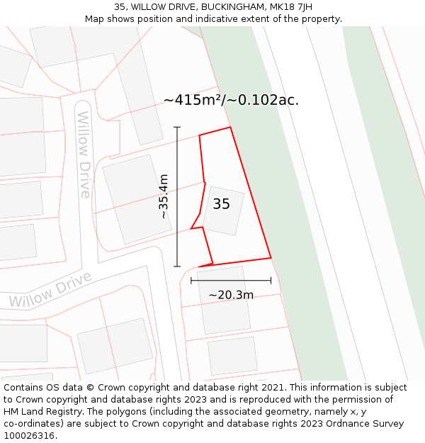 35, WILLOW DRIVE, BUCKINGHAM, MK18 7JH: Plot and title map