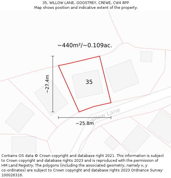 35, WILLOW LANE, GOOSTREY, CREWE, CW4 8PP: Plot and title map