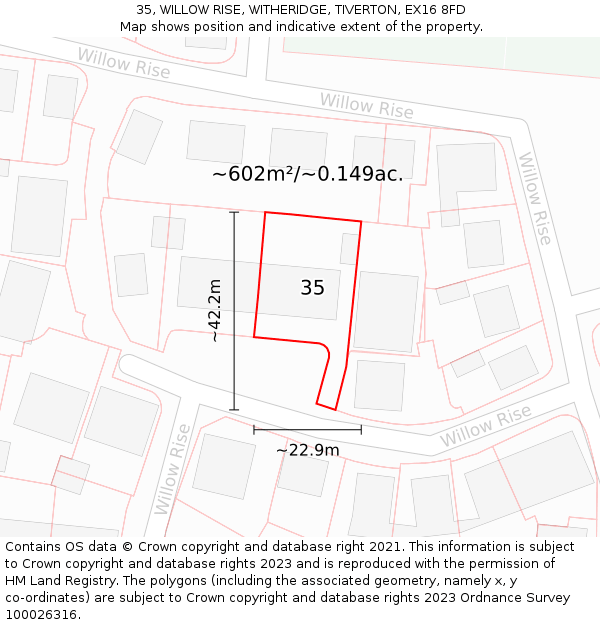 35, WILLOW RISE, WITHERIDGE, TIVERTON, EX16 8FD: Plot and title map