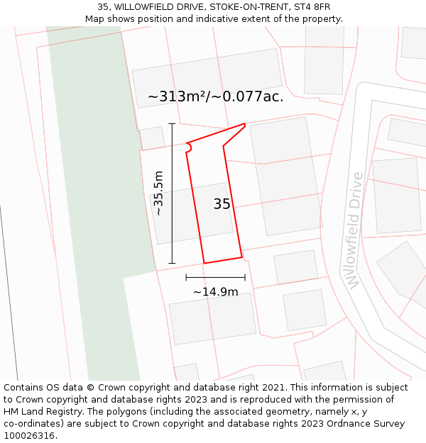 35, WILLOWFIELD DRIVE, STOKE-ON-TRENT, ST4 8FR: Plot and title map