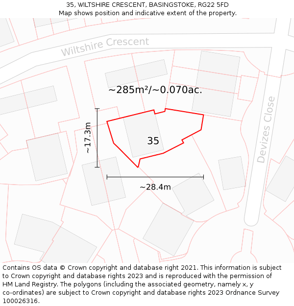 35, WILTSHIRE CRESCENT, BASINGSTOKE, RG22 5FD: Plot and title map