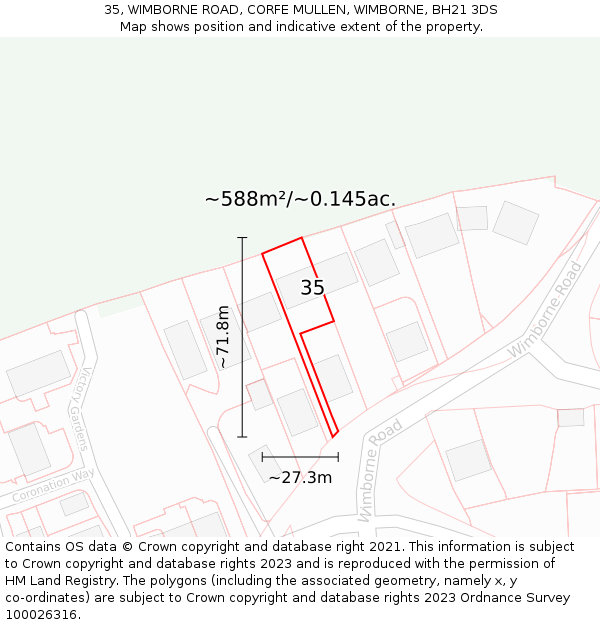 35, WIMBORNE ROAD, CORFE MULLEN, WIMBORNE, BH21 3DS: Plot and title map