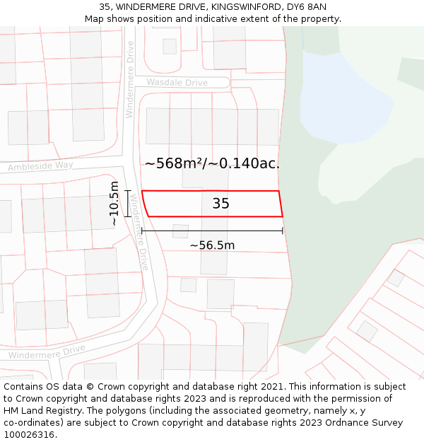 35, WINDERMERE DRIVE, KINGSWINFORD, DY6 8AN: Plot and title map