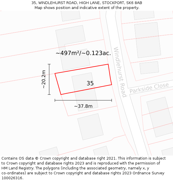 35, WINDLEHURST ROAD, HIGH LANE, STOCKPORT, SK6 8AB: Plot and title map