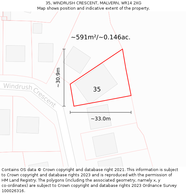 35, WINDRUSH CRESCENT, MALVERN, WR14 2XG: Plot and title map