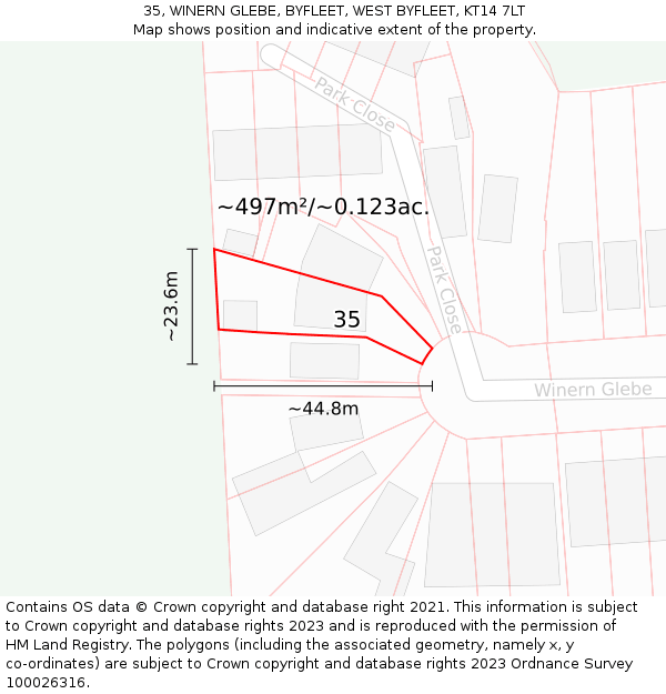 35, WINERN GLEBE, BYFLEET, WEST BYFLEET, KT14 7LT: Plot and title map