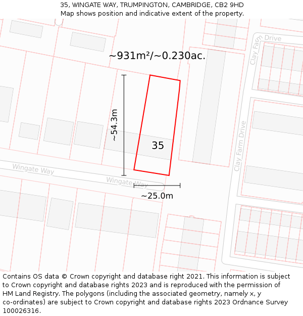 35, WINGATE WAY, TRUMPINGTON, CAMBRIDGE, CB2 9HD: Plot and title map