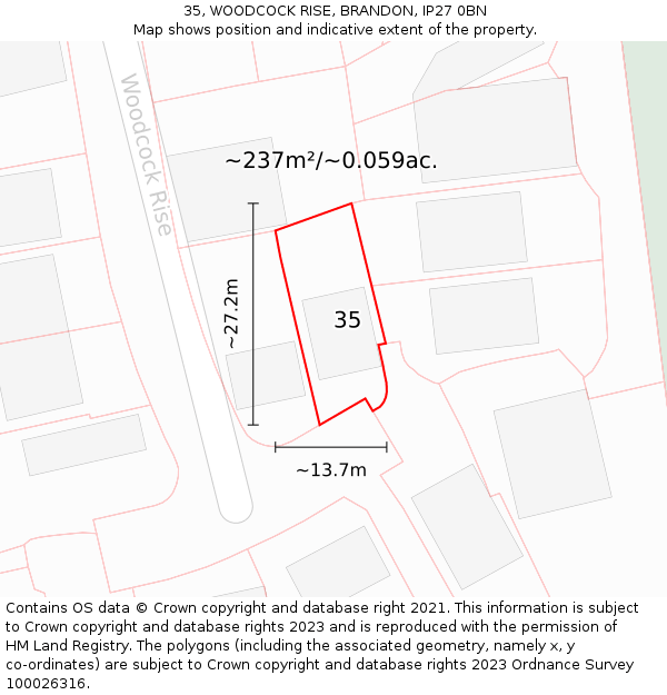 35, WOODCOCK RISE, BRANDON, IP27 0BN: Plot and title map