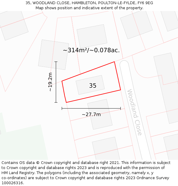 35, WOODLAND CLOSE, HAMBLETON, POULTON-LE-FYLDE, FY6 9EG: Plot and title map