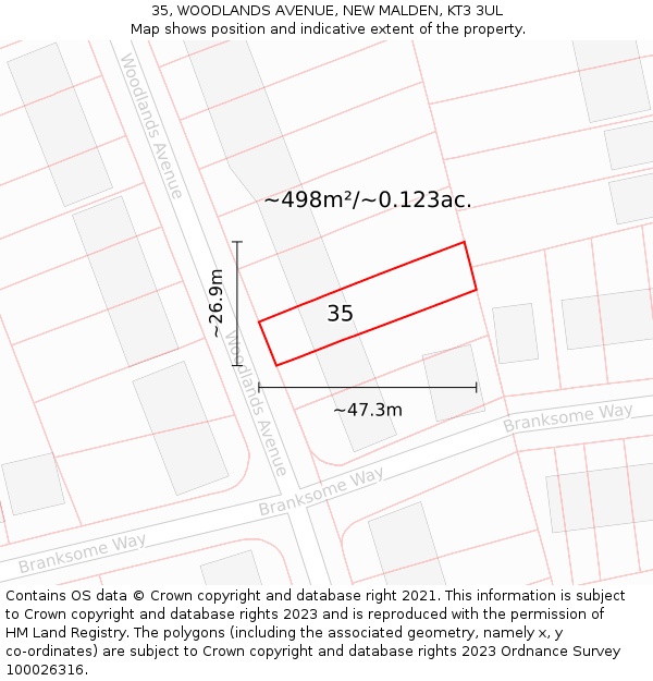 35, WOODLANDS AVENUE, NEW MALDEN, KT3 3UL: Plot and title map