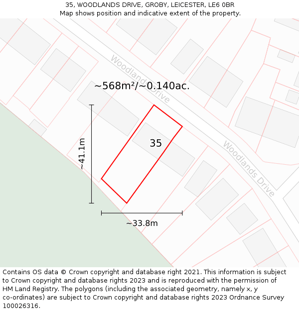 35, WOODLANDS DRIVE, GROBY, LEICESTER, LE6 0BR: Plot and title map