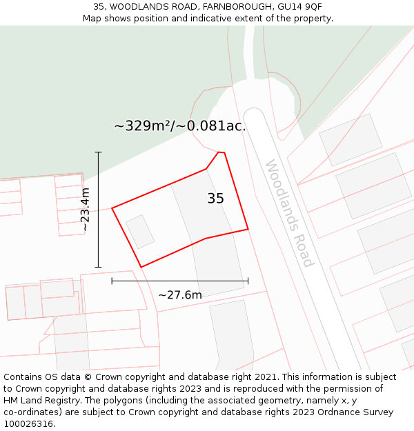 35, WOODLANDS ROAD, FARNBOROUGH, GU14 9QF: Plot and title map