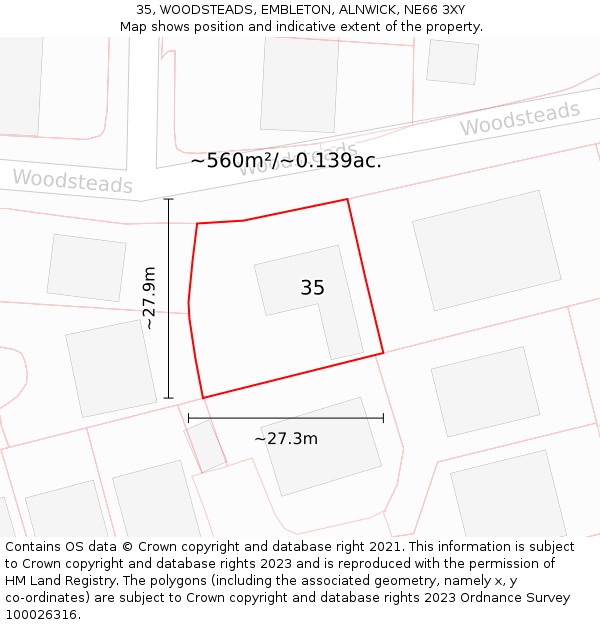 35, WOODSTEADS, EMBLETON, ALNWICK, NE66 3XY: Plot and title map