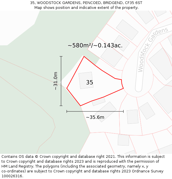 35, WOODSTOCK GARDENS, PENCOED, BRIDGEND, CF35 6ST: Plot and title map