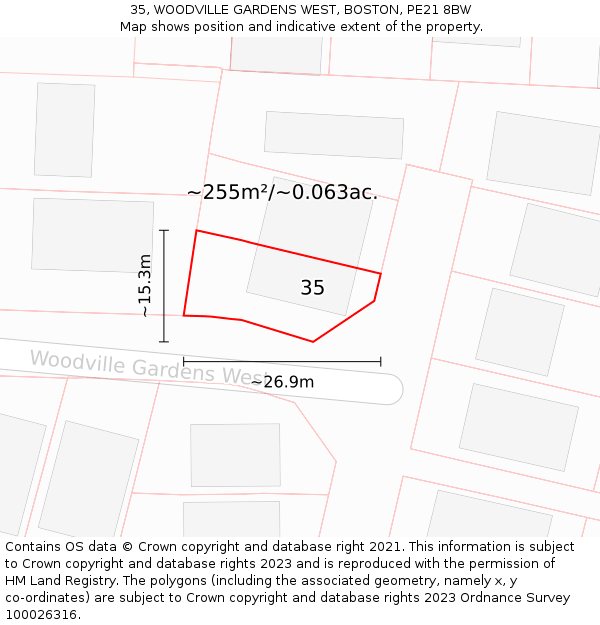 35, WOODVILLE GARDENS WEST, BOSTON, PE21 8BW: Plot and title map
