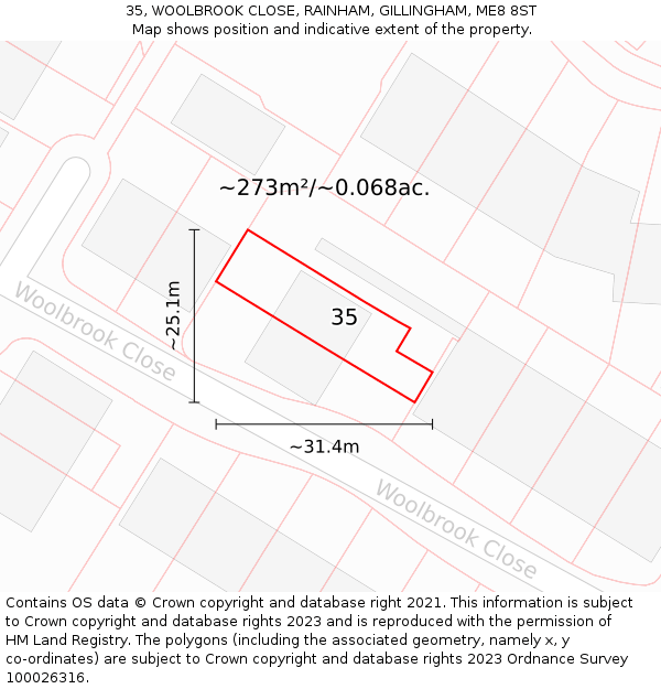 35, WOOLBROOK CLOSE, RAINHAM, GILLINGHAM, ME8 8ST: Plot and title map