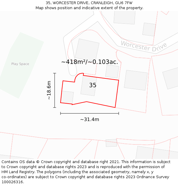 35, WORCESTER DRIVE, CRANLEIGH, GU6 7FW: Plot and title map