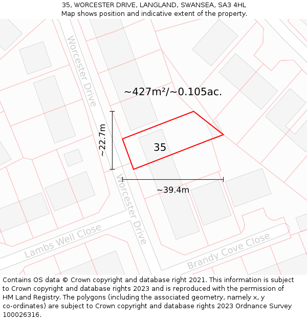 35, WORCESTER DRIVE, LANGLAND, SWANSEA, SA3 4HL: Plot and title map