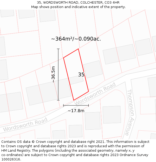 35, WORDSWORTH ROAD, COLCHESTER, CO3 4HR: Plot and title map