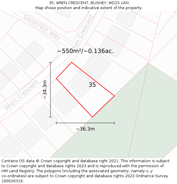 35, WREN CRESCENT, BUSHEY, WD23 1AN: Plot and title map