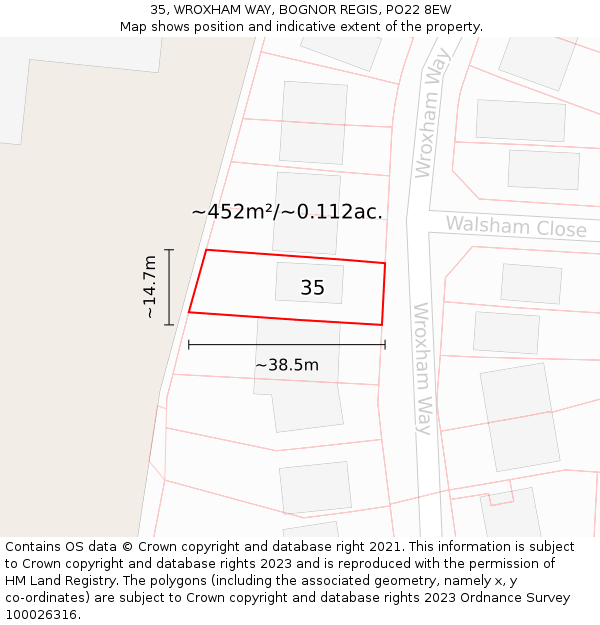 35, WROXHAM WAY, BOGNOR REGIS, PO22 8EW: Plot and title map