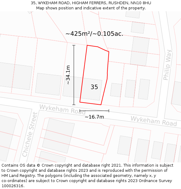 35, WYKEHAM ROAD, HIGHAM FERRERS, RUSHDEN, NN10 8HU: Plot and title map