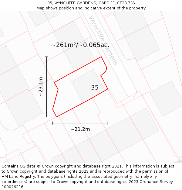 35, WYNCLIFFE GARDENS, CARDIFF, CF23 7FA: Plot and title map
