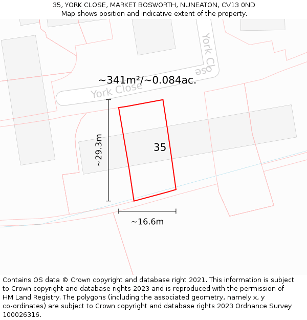 35, YORK CLOSE, MARKET BOSWORTH, NUNEATON, CV13 0ND: Plot and title map