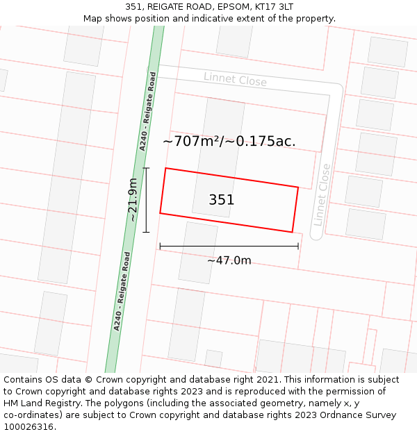 351, REIGATE ROAD, EPSOM, KT17 3LT: Plot and title map