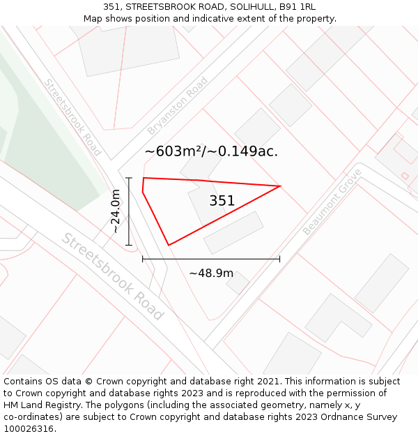 351, STREETSBROOK ROAD, SOLIHULL, B91 1RL: Plot and title map