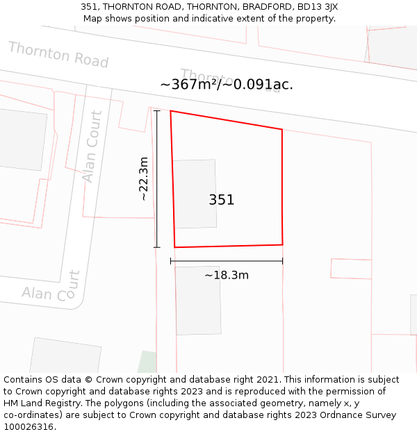 351, THORNTON ROAD, THORNTON, BRADFORD, BD13 3JX: Plot and title map
