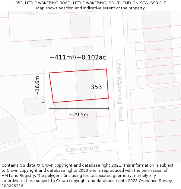 353, LITTLE WAKERING ROAD, LITTLE WAKERING, SOUTHEND-ON-SEA, SS3 0LB: Plot and title map