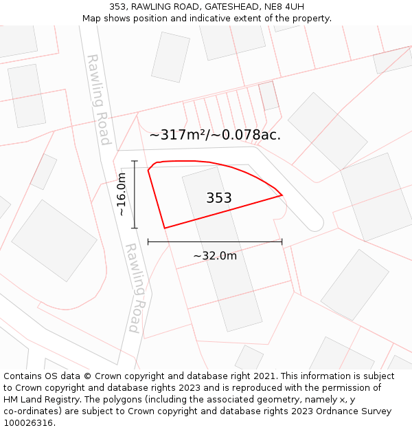 353, RAWLING ROAD, GATESHEAD, NE8 4UH: Plot and title map