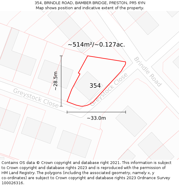 354, BRINDLE ROAD, BAMBER BRIDGE, PRESTON, PR5 6YN: Plot and title map