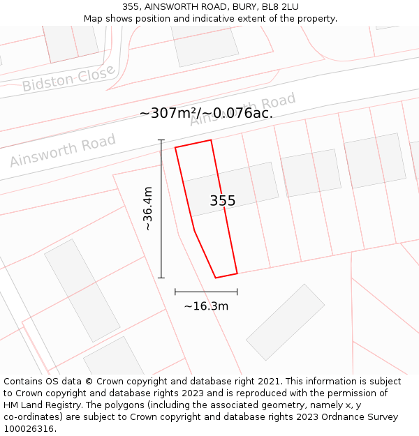 355, AINSWORTH ROAD, BURY, BL8 2LU: Plot and title map