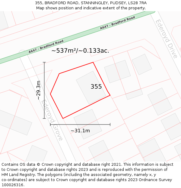 355, BRADFORD ROAD, STANNINGLEY, PUDSEY, LS28 7RA: Plot and title map