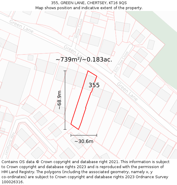 355, GREEN LANE, CHERTSEY, KT16 9QS: Plot and title map