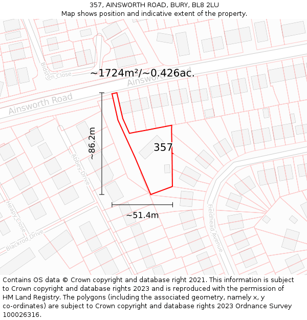 357, AINSWORTH ROAD, BURY, BL8 2LU: Plot and title map