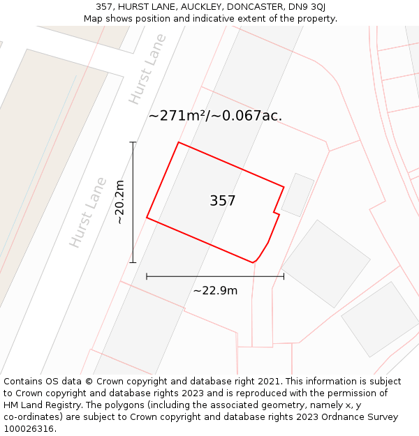 357, HURST LANE, AUCKLEY, DONCASTER, DN9 3QJ: Plot and title map