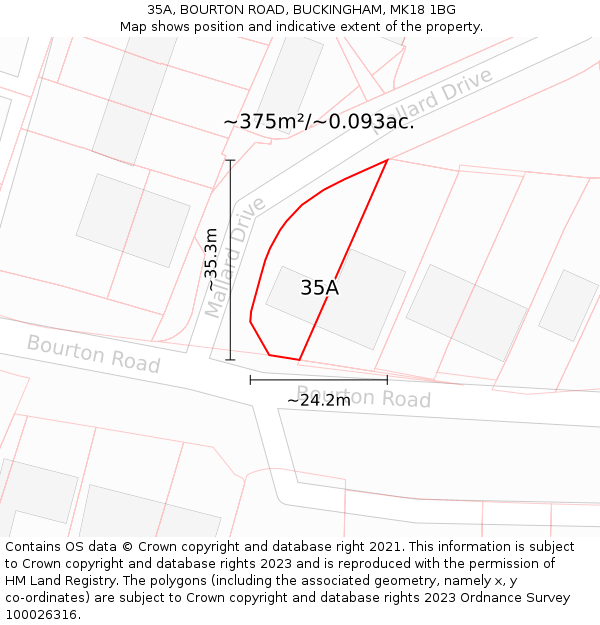 35A, BOURTON ROAD, BUCKINGHAM, MK18 1BG: Plot and title map