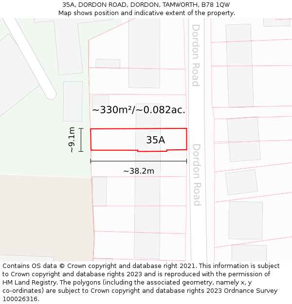 35A, DORDON ROAD, DORDON, TAMWORTH, B78 1QW: Plot and title map