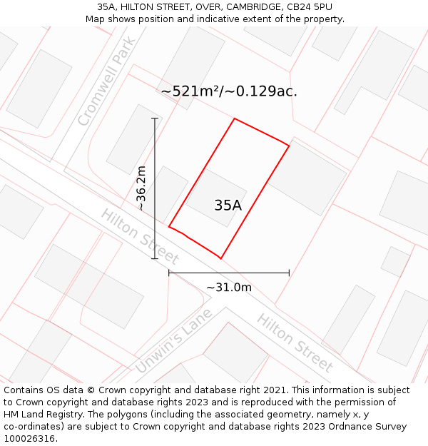 35A, HILTON STREET, OVER, CAMBRIDGE, CB24 5PU: Plot and title map