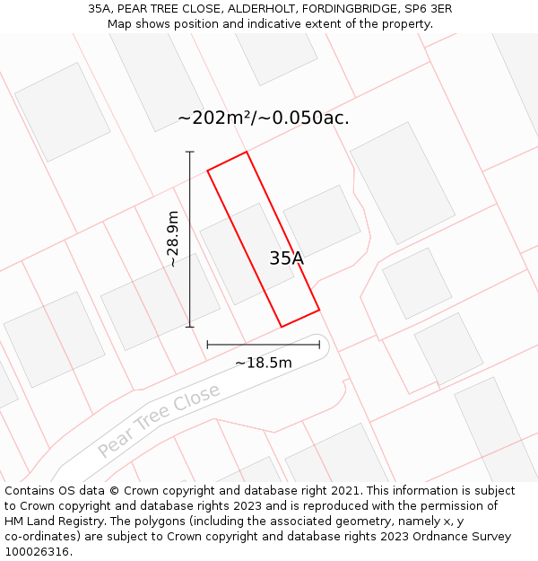35A, PEAR TREE CLOSE, ALDERHOLT, FORDINGBRIDGE, SP6 3ER: Plot and title map