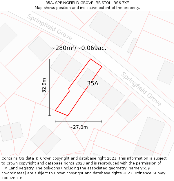 35A, SPRINGFIELD GROVE, BRISTOL, BS6 7XE: Plot and title map